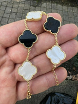 Real 14k Gold Vermeil 925 Black Onyx & Pearl Leaf Clover Flower Bracelet  6-7.5