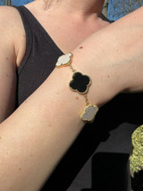 Real 14k Gold Vermeil 925 Black Onyx & Pearl Leaf Clover Flower Bracelet  6-7.5