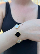 HarlemBling Real 14k Gold Vermeil 925 Black Onyx and Pearl Leaf Clover Flower Bracelet 6-7.5