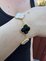 HarlemBling Real 14k Gold Vermeil 925 Black Onyx and Pearl Leaf Clover Flower Bracelet 6-7.5