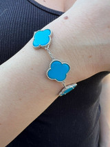 HarlemBling Real 925 Sterling Silver Blue Turquoise Four Leaf Clover Flower Bracelet 6-7.5