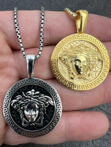 HarlemBling Real Solid 925 Silver / Gold Round Medusa Medallion Pendant Necklace Mens Ladies