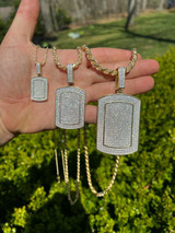 HarlemBling 14k Gold Vermeil Silver Dog Tag Iced Hip Hop Pendant Necklace - Man Made Diamond