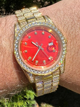 HarlemBling Mens Red Dial Presidential Real SS 41mm Gold Watch Iced 12ct Flooded Out Diamond