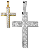 Real 925 Silver Gold Iced Channel Set Mens Hip Hop Tennis Cross Pendant Necklace