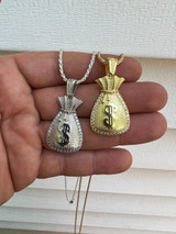 HarlemBling Real 925 Silver / 14k Gold Plated Money Bag Dollar Sign Pendant Necklace Iced