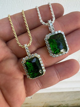 Hip Hop Mens Hip Hop Iced Green Simulated Emerald and CZ Pendant Necklace Silver Gem Bling