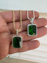 Hip Hop Mens Hip Hop Iced Green Simulated Emerald and CZ Pendant Necklace Silver Gem Bling