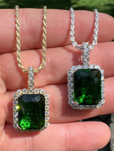 Hip Hop Mens Hip Hop Iced Green Simulated Emerald and CZ Pendant Necklace Silver Gem Bling