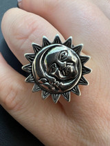 Solid 925 Sterling Silver Oxidized Celestial Crescent Sun and Moon Ring BoHo Ring