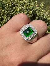 HarlemBling Mens Real 925 Sterling Silver Iced Simulated Green Emerald and CZ Hip Hop Ring