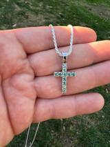 HarlemBling 1" Blue Green MOISSANITE Real 925 Silver Iced Cross Pendant Diamond Tester ✅ 