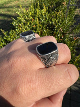 HarlemBling Mens Real 925 Sterling Silver Natural Black Onyx Gemstone W. Horse Design Ring 