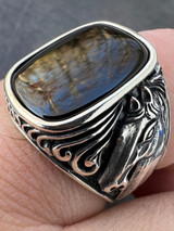 HarlemBling Mens Real 925 Sterling Silver Natural Black Onyx Gemstone W. Horse Design Ring 