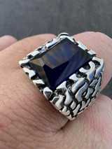 HarlemBling Mens Real 925 Sterling Silver Iced Simulated Blue Sapphire Nugget Hip Hop Ring 