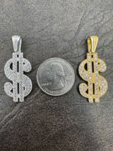  Real 925 Silver Gold Plated Iced Dollar $ Sign Money Hip Hop Pendant CZ Necklace 