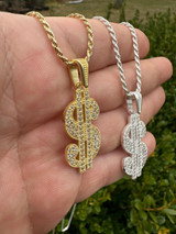  Real 925 Silver Gold Plated Iced Dollar $ Sign Money Hip Hop Pendant CZ Necklace 