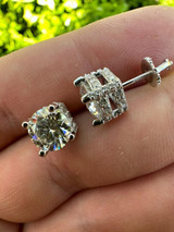 HarlemBling Moissanite 3D Iced Prong Solitaire Screwback Studs Earrings Real 925 Silver 