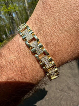 HarlemBling MOISSANITE Mens 12mm Iced Hermes Link Bracelet Real 14k Gold Over 925 Silver 
