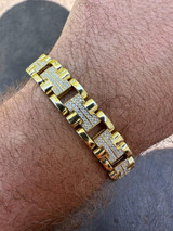 HarlemBling Mens 12mm Iced Hermes Link Bracelet Real Solid 14k Gold Over 925 Sterling Silver 