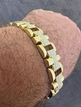 HarlemBling Mens 12mm Iced Hermes Link Bracelet Real Solid 14k Gold Over 925 Sterling Silver 