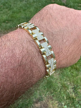 HarlemBling Mens 12mm Iced Hermes Link Bracelet Real Solid 14k Gold Over 925 Sterling Silver 