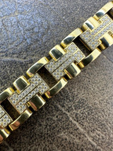 HarlemBling Mens 12mm Iced Hermes Link Bracelet Real Solid 14k Gold Over 925 Sterling Silver 