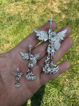  MOISSANITE Saint St Michael Slaying Dragon Archangel Pendant 925 Silver - 1-3" 