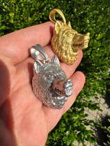 HarlemBling Real Solid 925 Sterling Silver / 14k Gold Wolf Head High Detailed Pendant Matte 