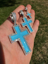 Hip Hop MOISSANITE Cross Pendant Iced Necklace Light Blue Enamel Real 925 Silver 3 Sizes 