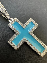 Hip Hop MOISSANITE Cross Pendant Iced Necklace Light Blue Enamel Real 925 Silver 3 Sizes 