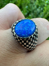 HarlemBling Real 925 Sterling Silver Lab Created Fire Blue Opal Gem Stone Ring Mens Ladies 