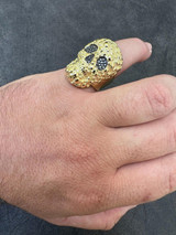 Italiano Silver, Inc. Gold Nugget Death Skull Ring Mens 14k Plated 925 Silver Real Black MOISSANITE 