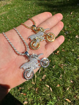 HarlemBling MOISSANITE Motorcycle Dirt Bike Pendant Real 925 Silver / Gold Iced Necklace 
