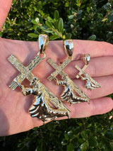 HarlemBling Jesus Carrying Cross Pendant Plain Necklace 14k Gold Vermeil 925 Silver - 3 Size 