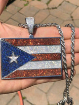 Italiano Silver, Inc. HUGE 2X3" 925 Silver Gold Plated Puerto Rico Flag Pendant BORICUA Rican Chain CZ 