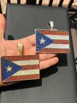 Italiano Silver, Inc. HUGE 2X3" 925 Silver Gold Plated Puerto Rico Flag Pendant BORICUA Rican Chain CZ 