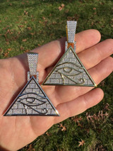 HarlemBling MOISSANITE All Seeing Illuminati Eye Masonic Pyramid Medallion Necklace Silver 