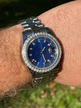HarlemBling Mens Presidential Stainless Blue Face Iced Bezel 41mm Automatic Movement Watch 