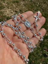 HarlemBling Men's 30" Long Rosary Beads Necklace Solid 925 Sterling Silver Rosario ITALY 5mm 