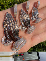 HarlemBling Moissanite Praying Folded Hands Pendant 14k Rose Gold 925 Silver Iced Necklace