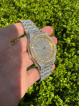 Hip Hop Real MOISSANITE Two Tone Gold Mens Auto Watch Iced Large Stones No ID Hip Hop 