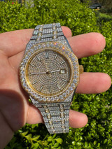 Hip Hop Real MOISSANITE Two Tone Gold Mens Auto Watch Iced Large Stones No ID Hip Hop 