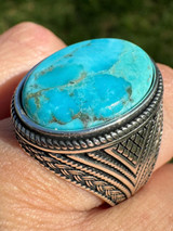 HarlemBling Natural Turquoise Mens Real Solid 925 Silver Handmade Oval Native American Ring