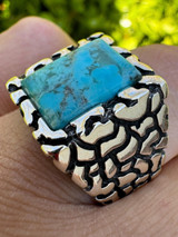HarlemBling Natural Blue Turquoise Gemstone Mens Real Solid 925 Silver Handmade Nugget Ring