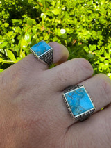HarlemBling Natural Blue Turquoise Gemstone Mens Real Solid 925 Silver Handmade Vintage Ring 