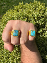 HarlemBling Blue Turquoise Ring Genuine Gemstone Mens Real 14k Gold Over 925 Sterling Silver 