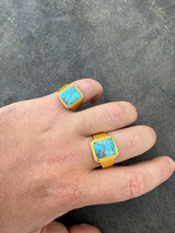 HarlemBling Blue Turquoise Ring Genuine Gemstone Mens Real 14k Gold Over 925 Sterling Silver 