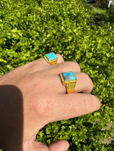 HarlemBling Blue Turquoise Ring Genuine Gemstone Mens Real 14k Gold Over 925 Sterling Silver 