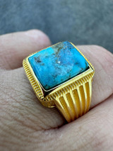 HarlemBling Blue Turquoise Ring Genuine Gemstone Mens Real 14k Gold Over 925 Sterling Silver 